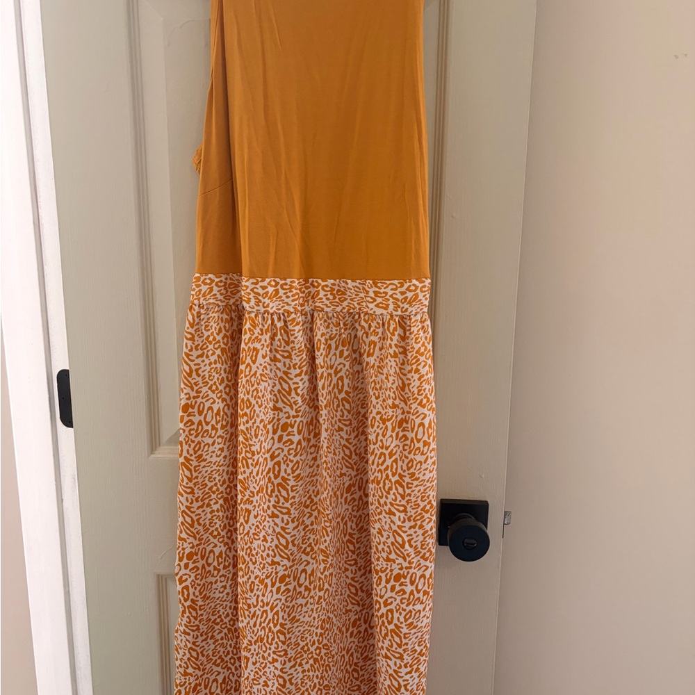 Sleeveless mustard Dress with Animal Print Skirt